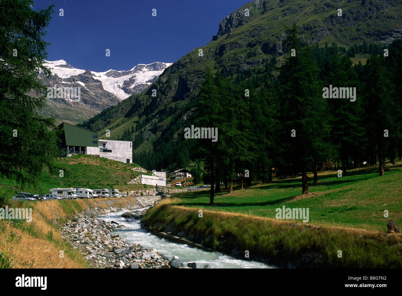 Italy, Valle d'Aosta, Lys valley, Gressoney la Trinité, Lys river and Mount Rosa Stock Photo