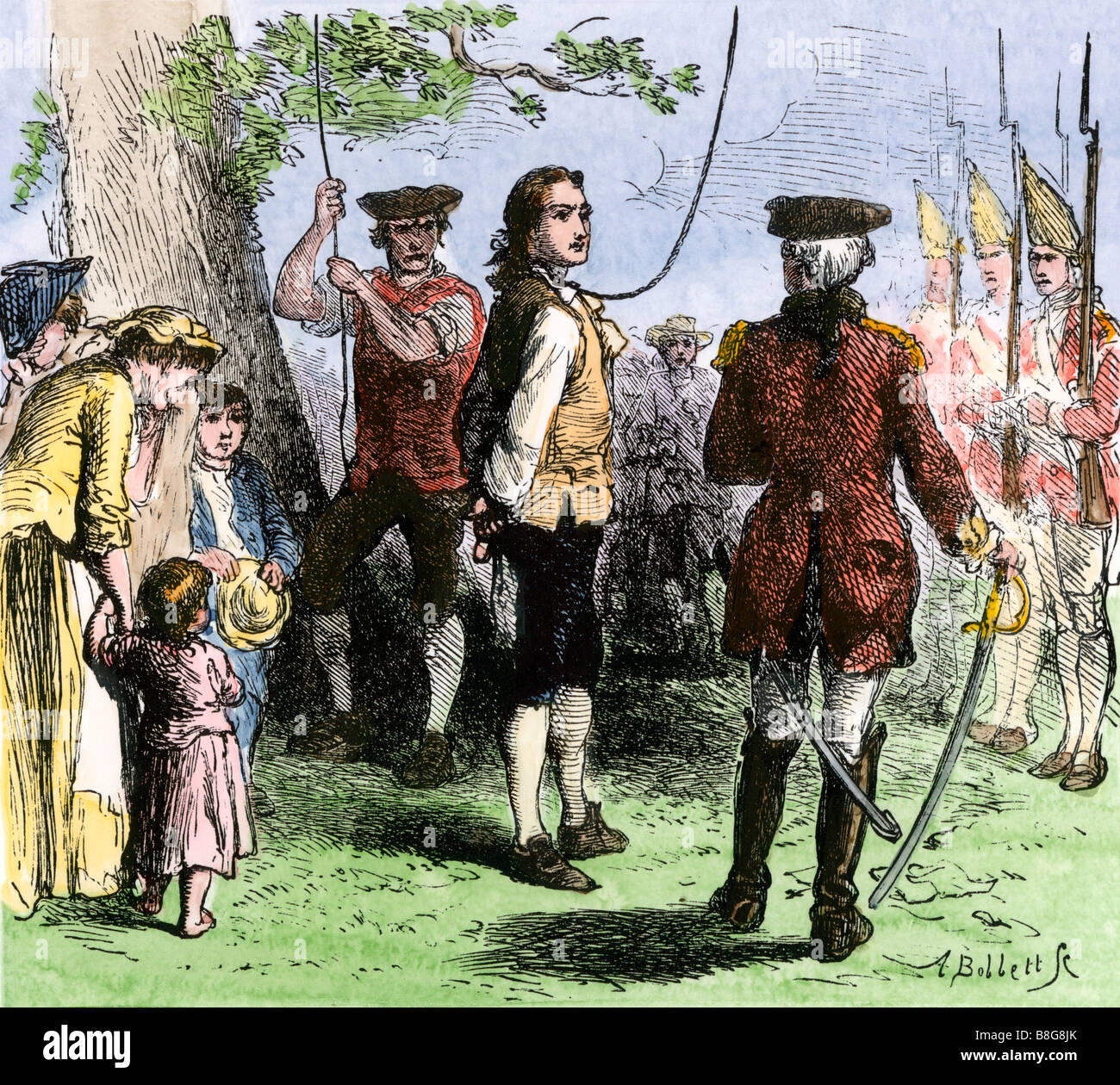Nathan Hale hanged by the British as a spy 1776. Hand-colored woodcut Stock Photo