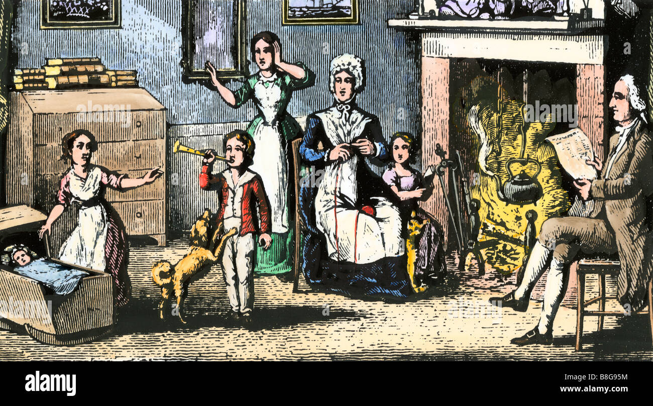 Young Ben Franklin with his family in Boston. Handcolored woodcut