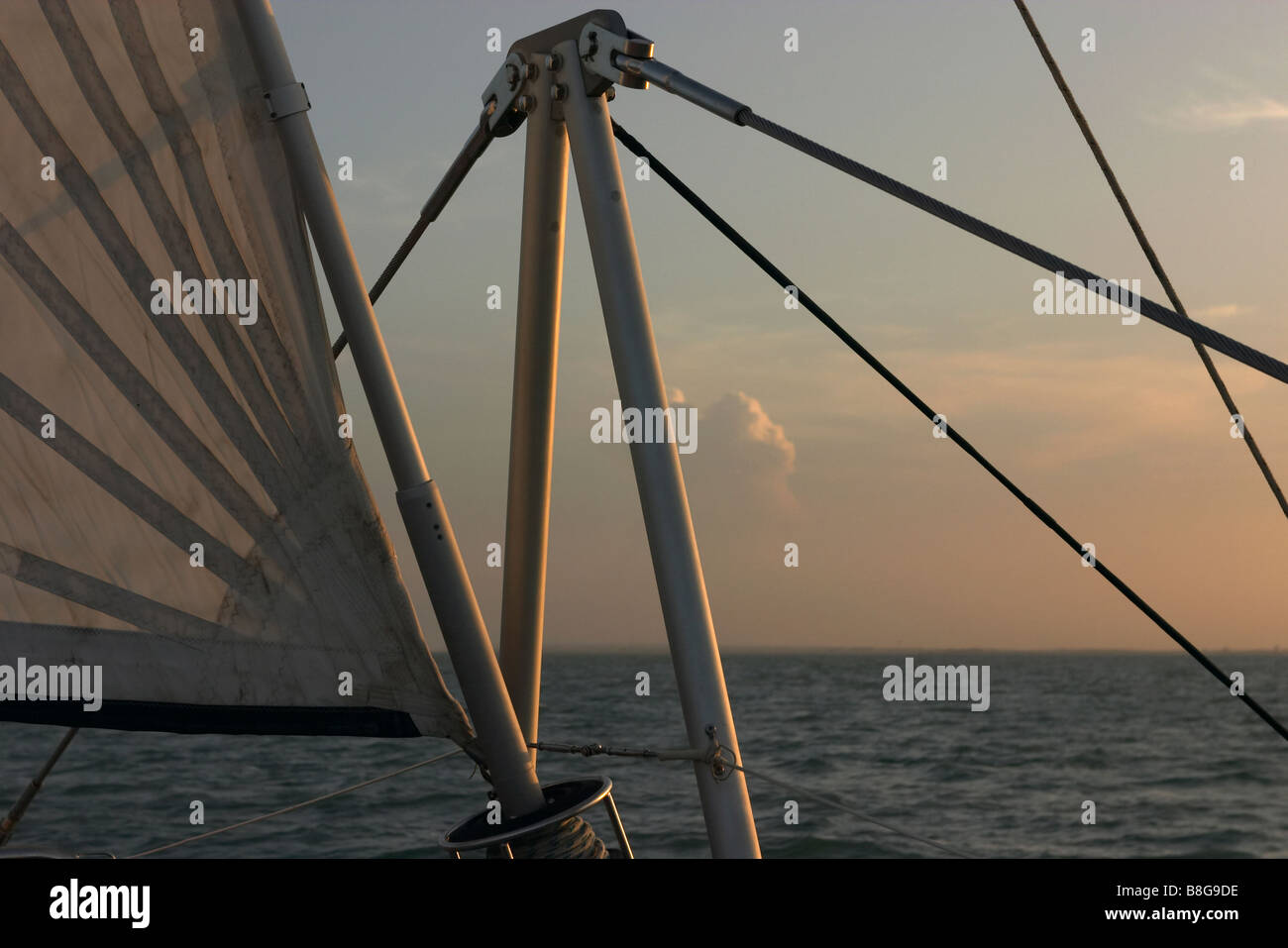 Catamaran mast, rigging and sail in evening light Stock Photo Alamy