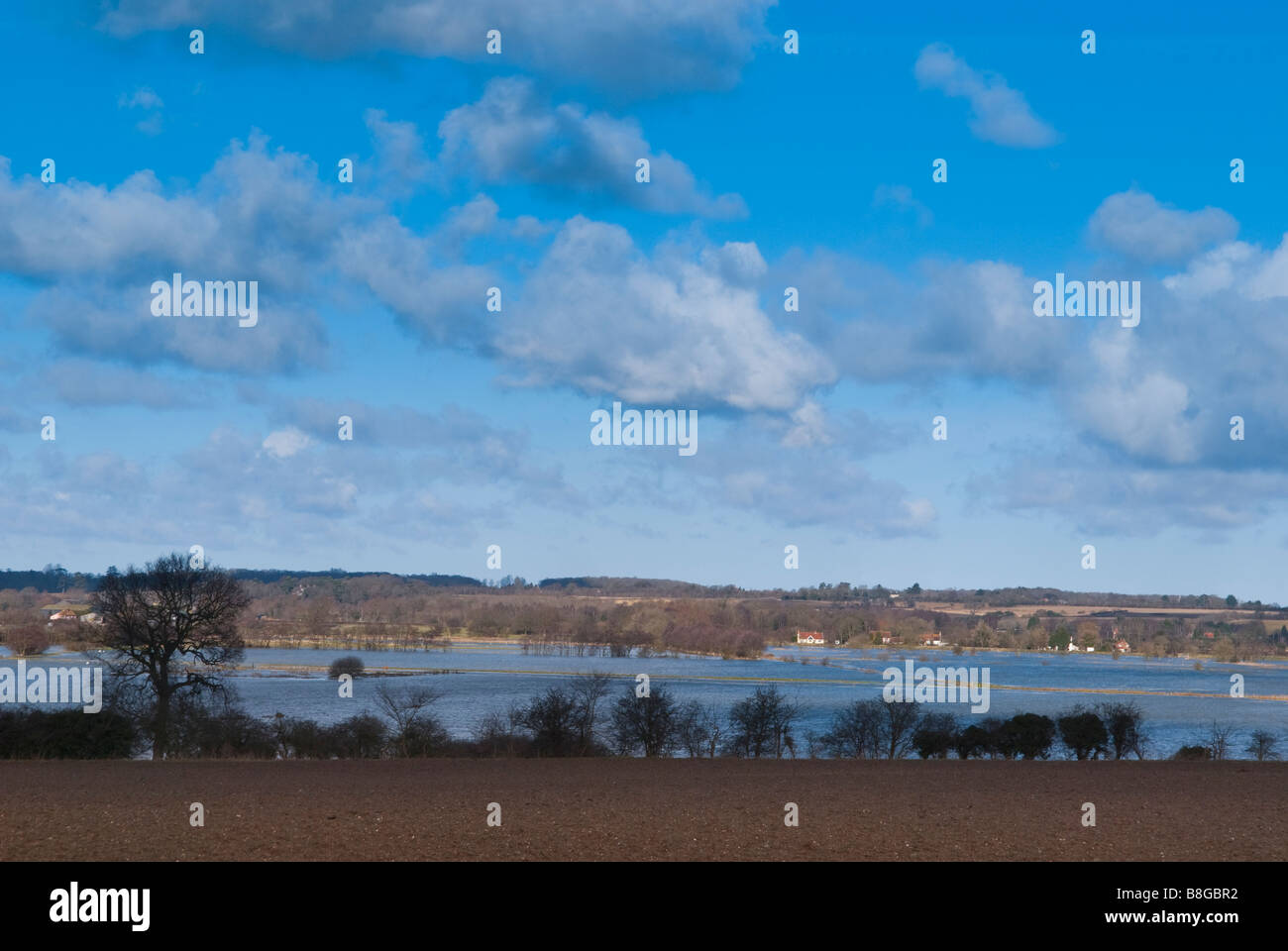 A view of the floods looking towards Mettingham,taken from Shipmeadow,Suffolk,Uk Stock Photo