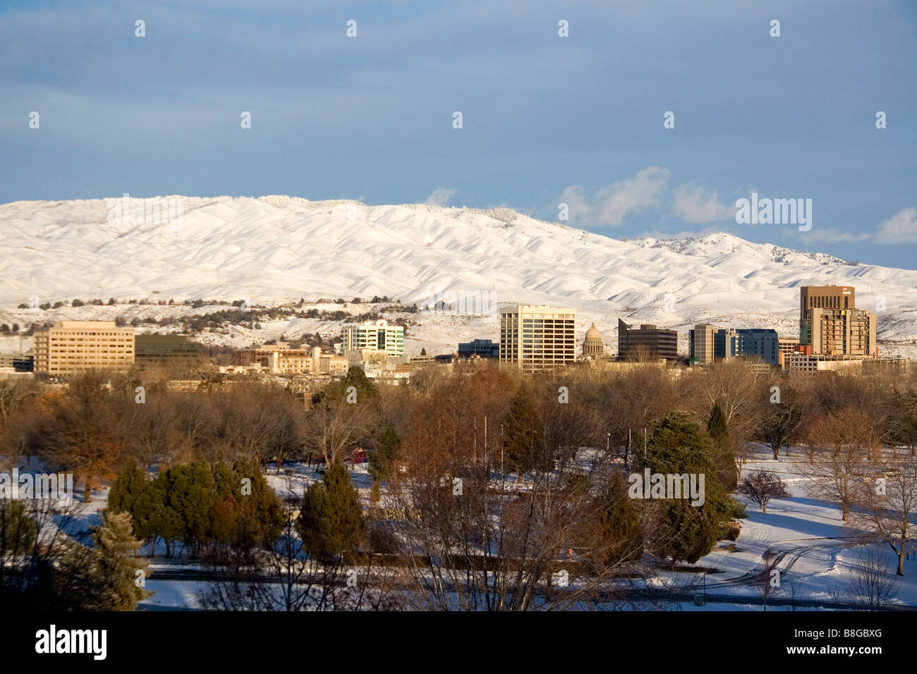 Snow covered foothills and downtown Boise Idaho USA Stock Photo
