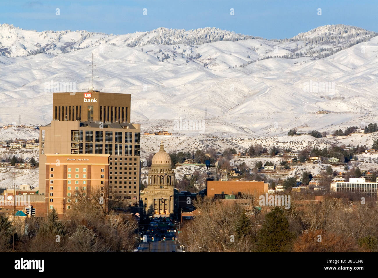 Snow covered foothills and downtown Boise Idaho USA Stock Photo Alamy