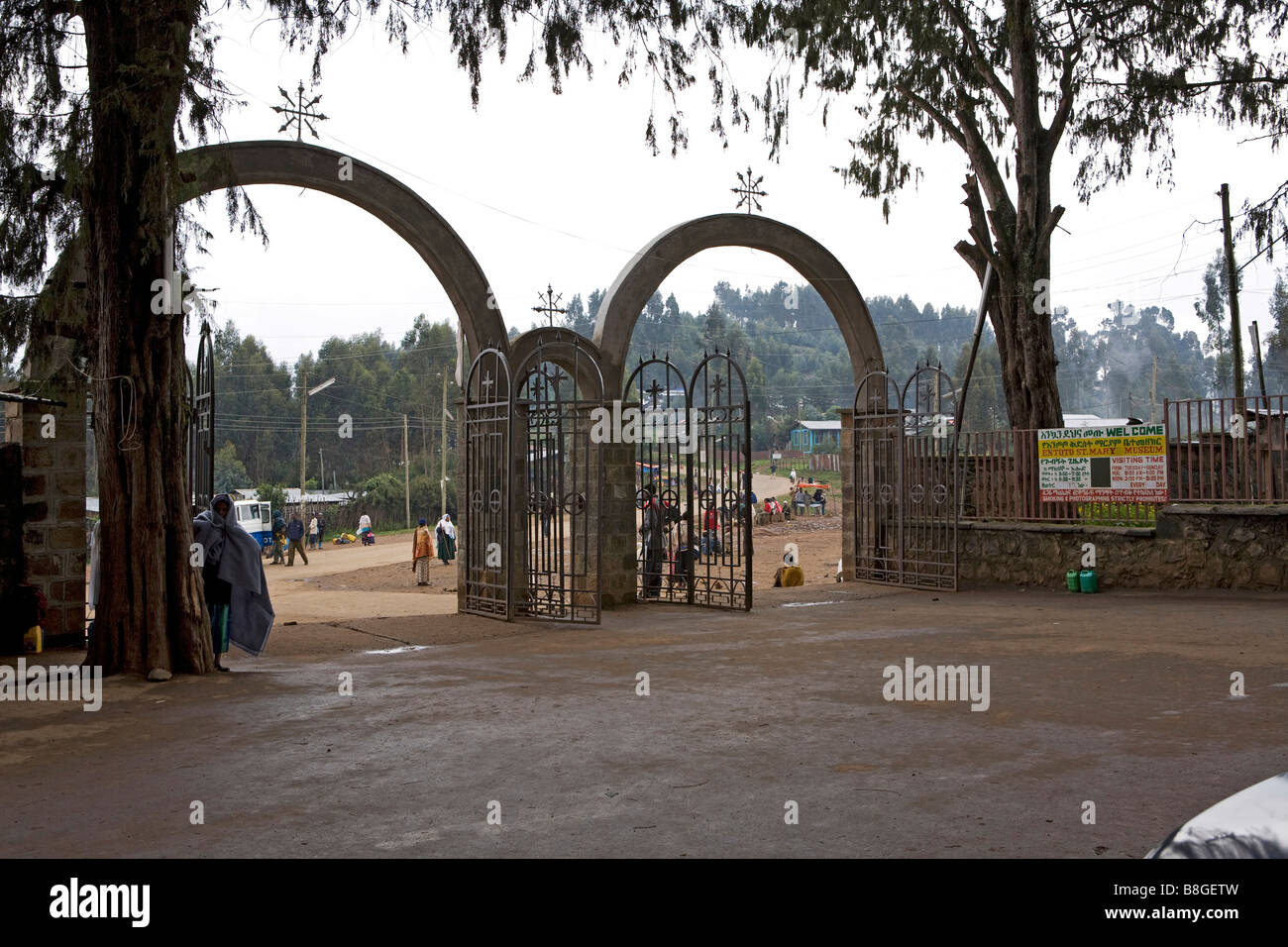 Entrance to Entoto Maryam octagonal church Entoto mountain Addis Ababa Ethiopia Stock Photo