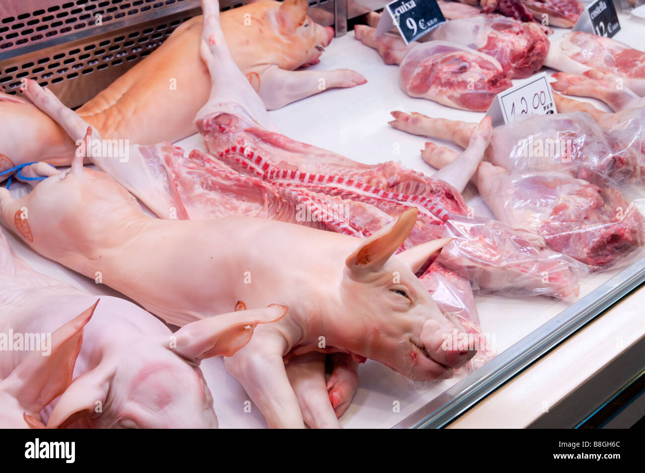 Suckling pigs for sale on a butcher stall in the Mercat de la Boqueria market Stock Photo