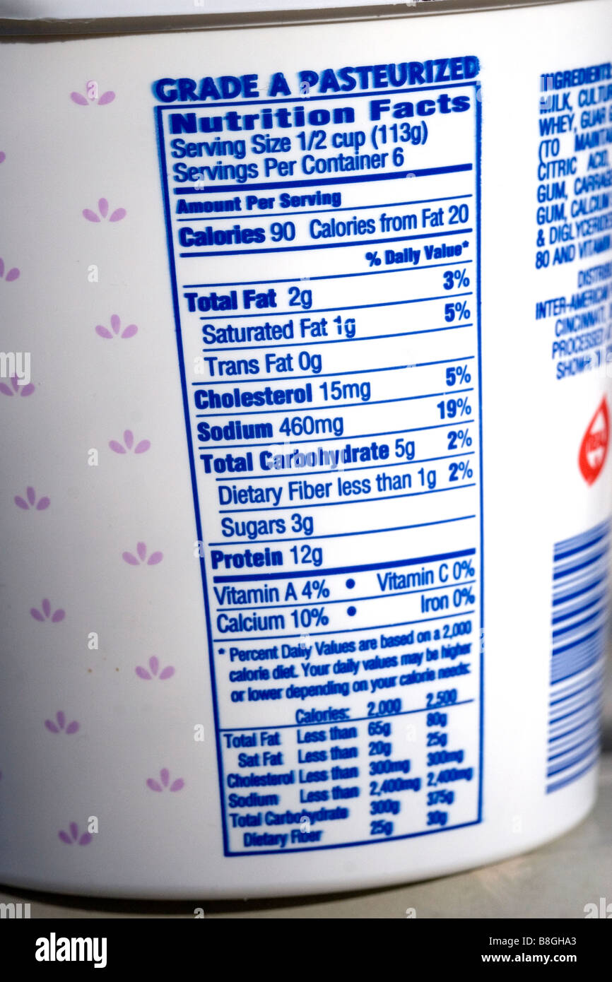 U S nutrition facts label on a pre packaged food container Stock Photo