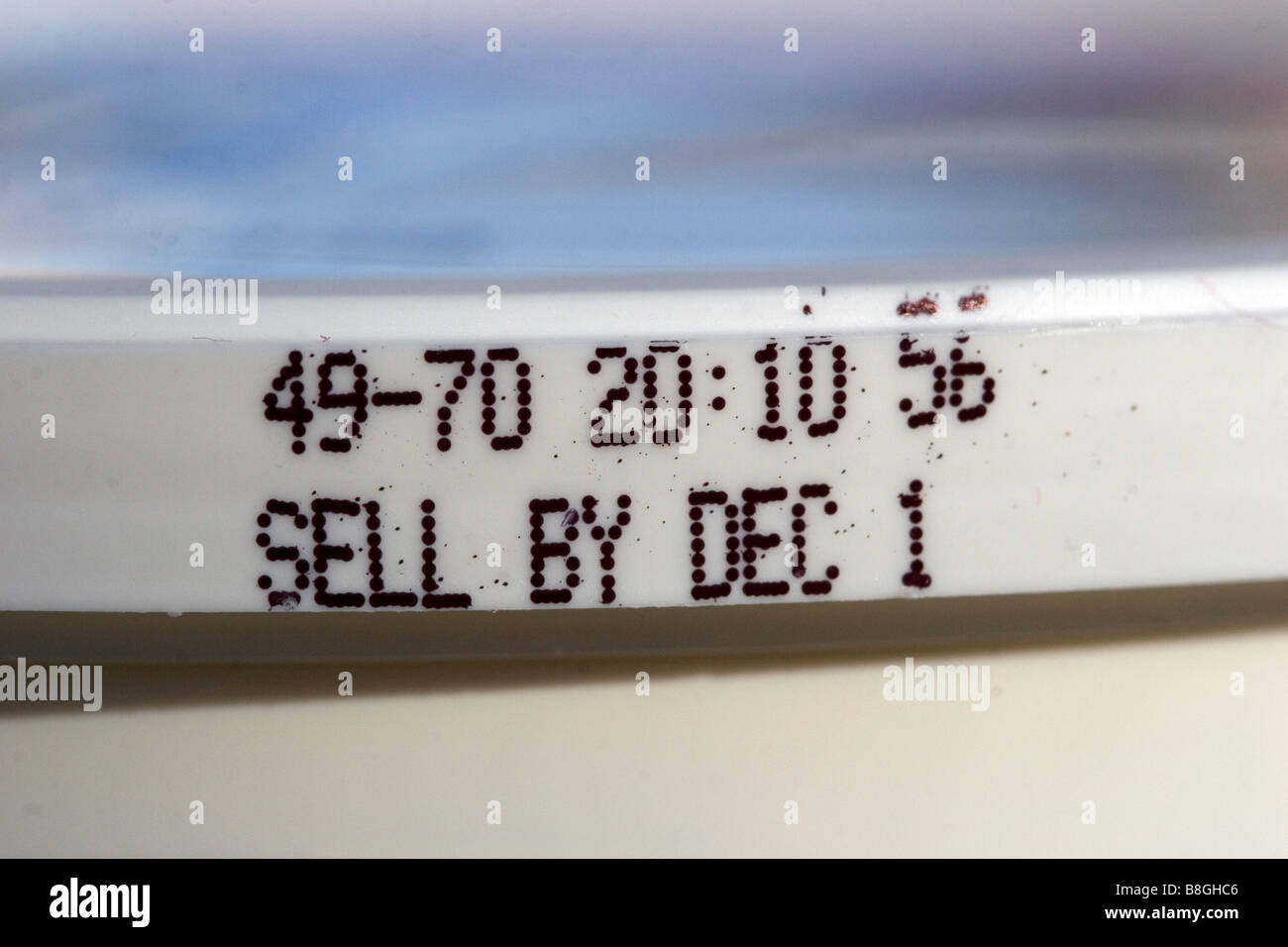 The sell by date on a pre packaged food container Stock Photo