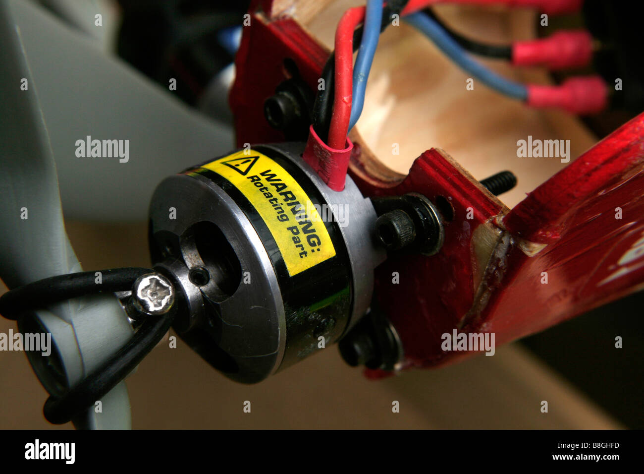 Electric motor on battery powered radio controlled model aeroplane