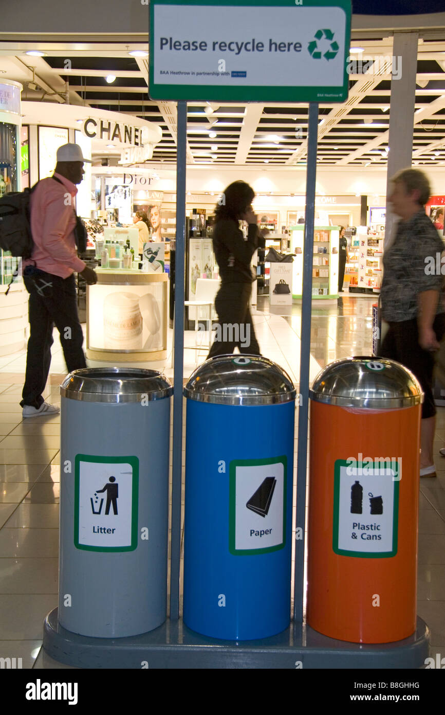 Recycling station at the London Heathrow airport in the United Kingdom Stock Photo