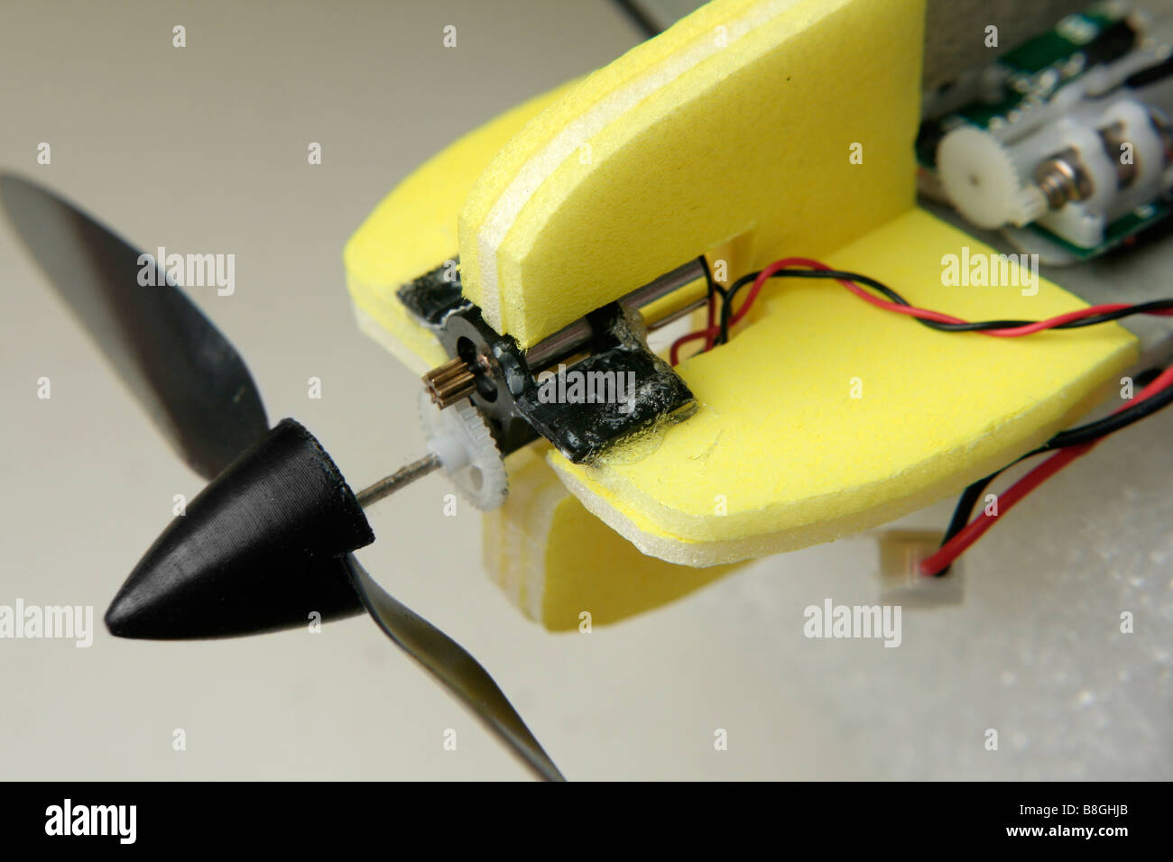 Motor and propeller of battery powered radio controlled model aeroplane