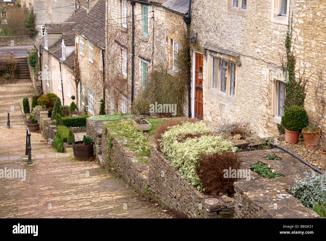 Chipping Steps in the market town of Tetbury, Gloucestershire, England, looking down the steps. Stock Photo