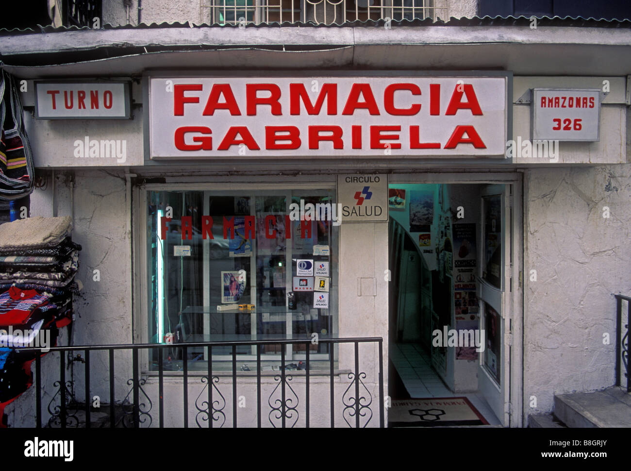 sign, pharmacy, drugstore, farmacia, Farmacia Gabriela, Avenida Amazonas, Quito, Pichincha Province, Ecuador, South America Stock Photo