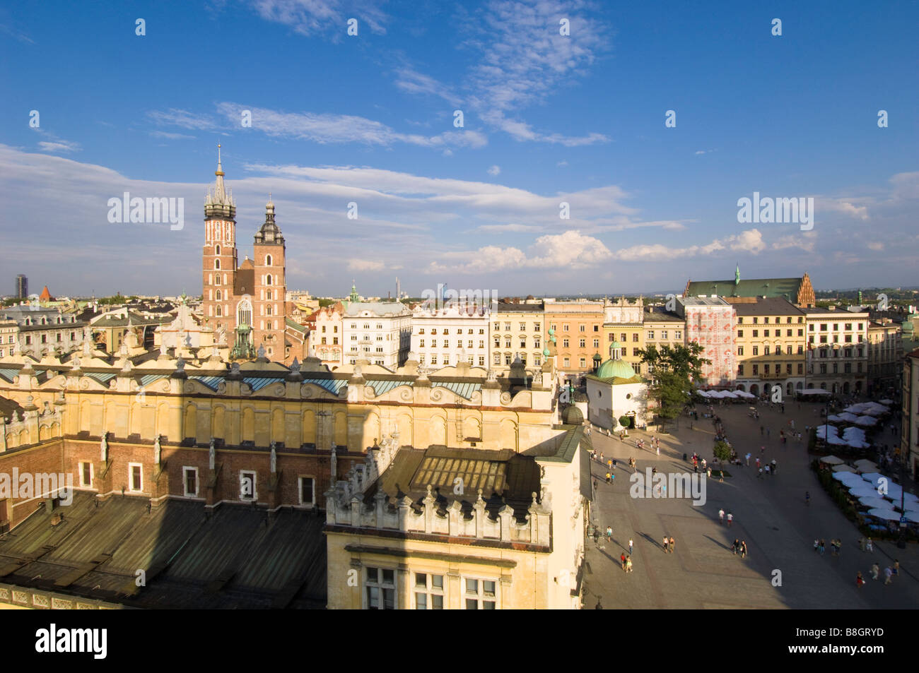 Poland Cracow view fo Rynek Glowny Sukiennice and Mariacki Church fron Old town Hall Tower Stock Photo