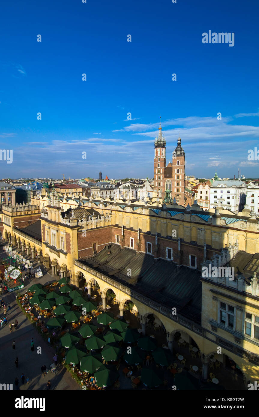 Poland Cracow view of Rynek Glowny Sukiennice and Mariacki Church from Old town Hall Tower Stock Photo