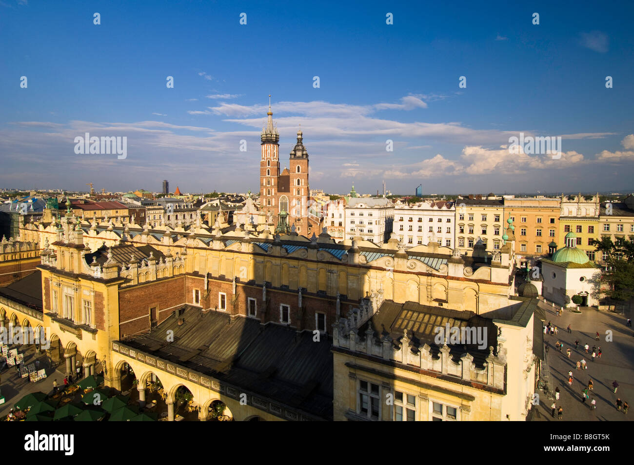 Poland Cracow view fo Rynek Glowny Sukiennice and Mariacki Church from Old town Hall Tower Stock Photo