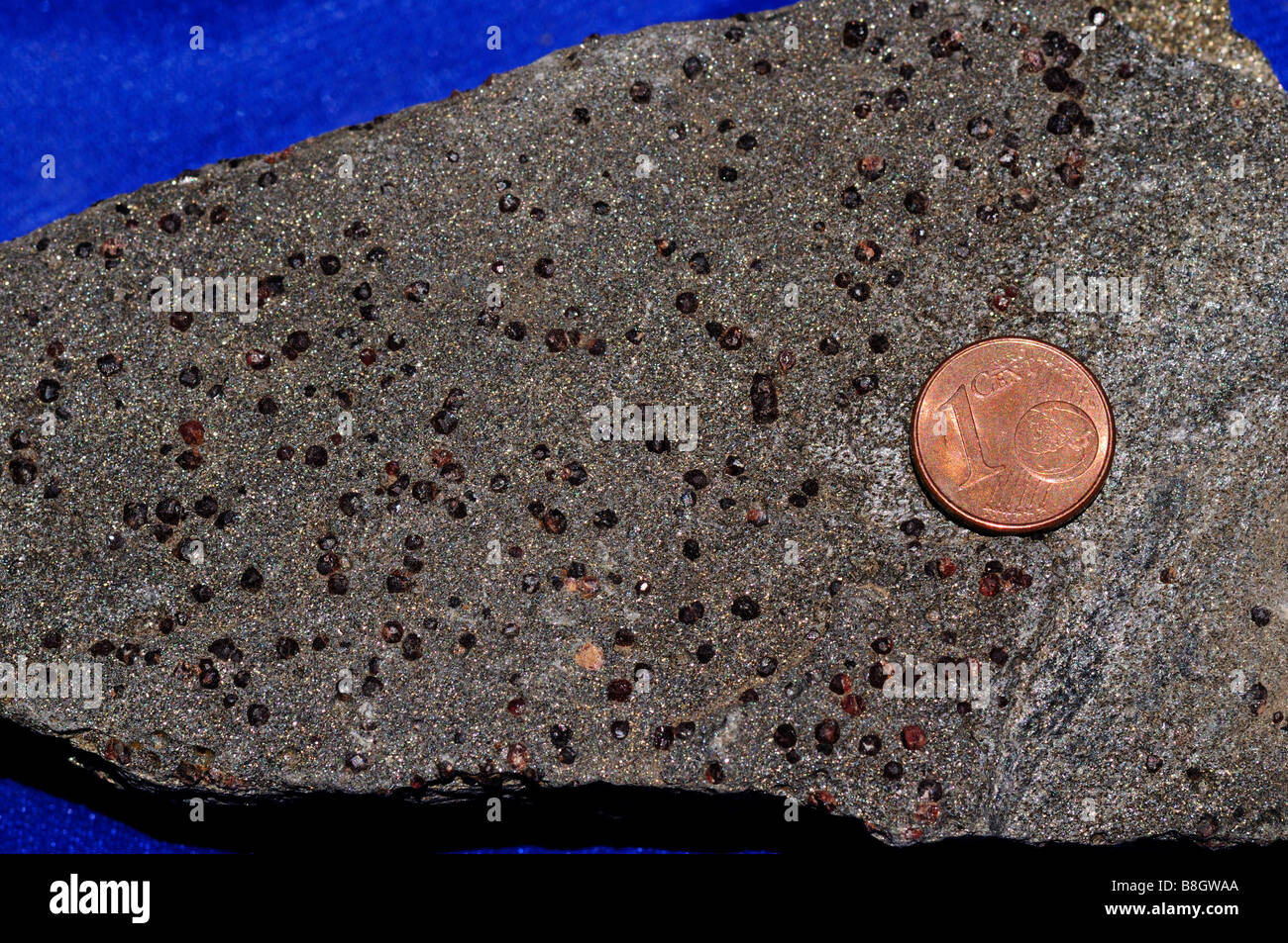Garnet mica schist, a metamorphic rock consists of garnets, mica and quartz. Stock Photo