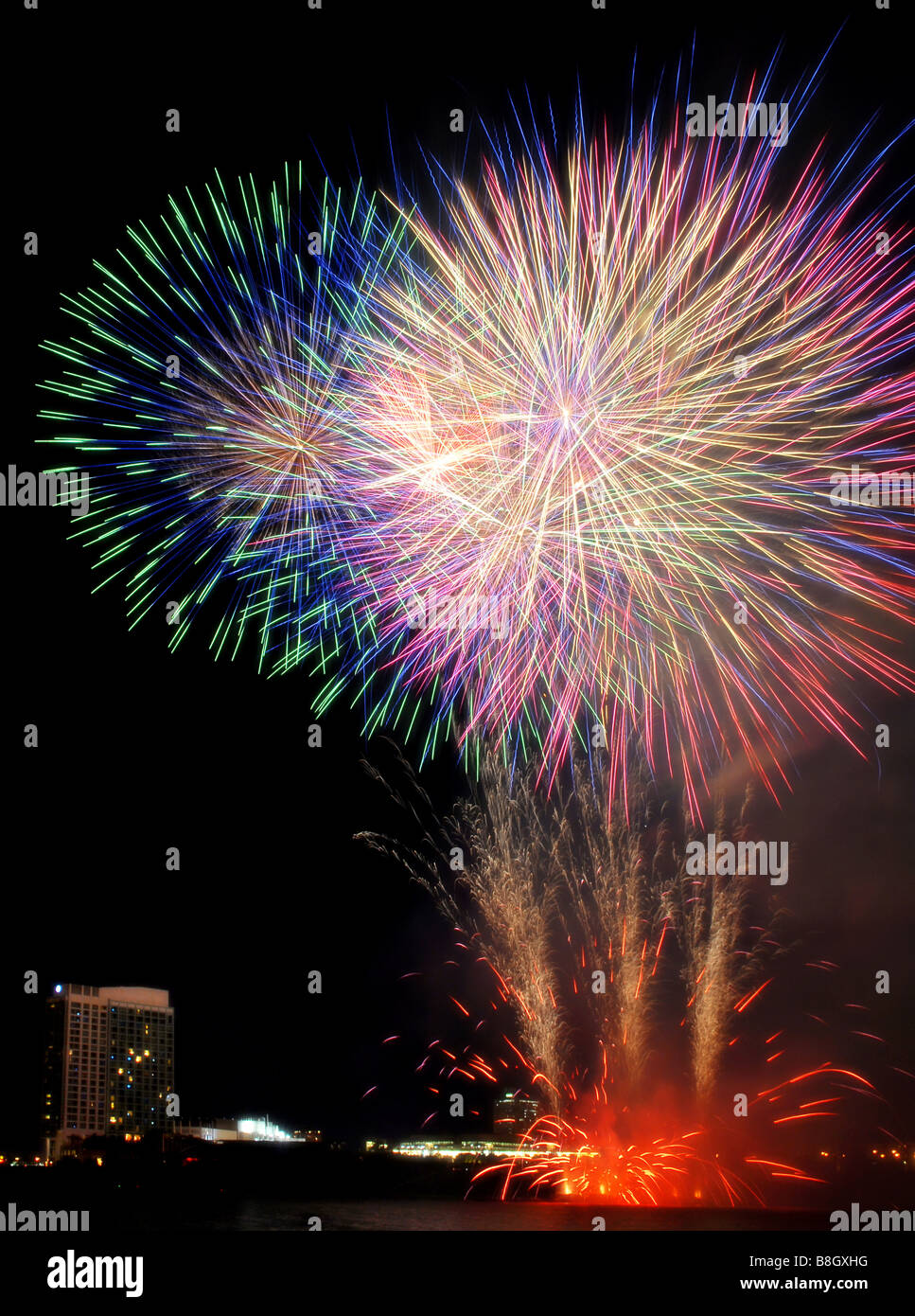Fireworks light up the night sky during an International Fireworks Competition. Stock Photo