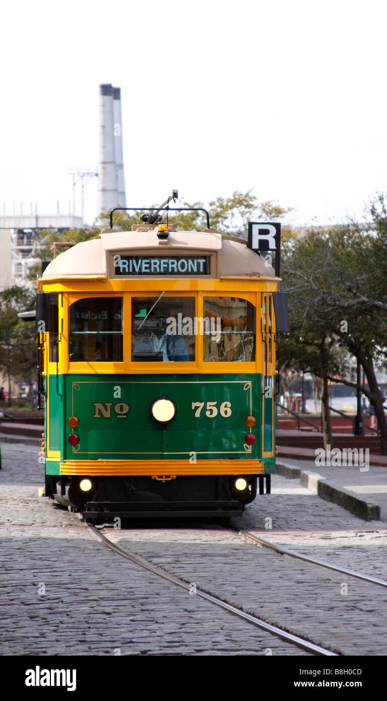 Street trolley car, River Street, historic waterfront of Savannah, USA Stock Photo Alamy