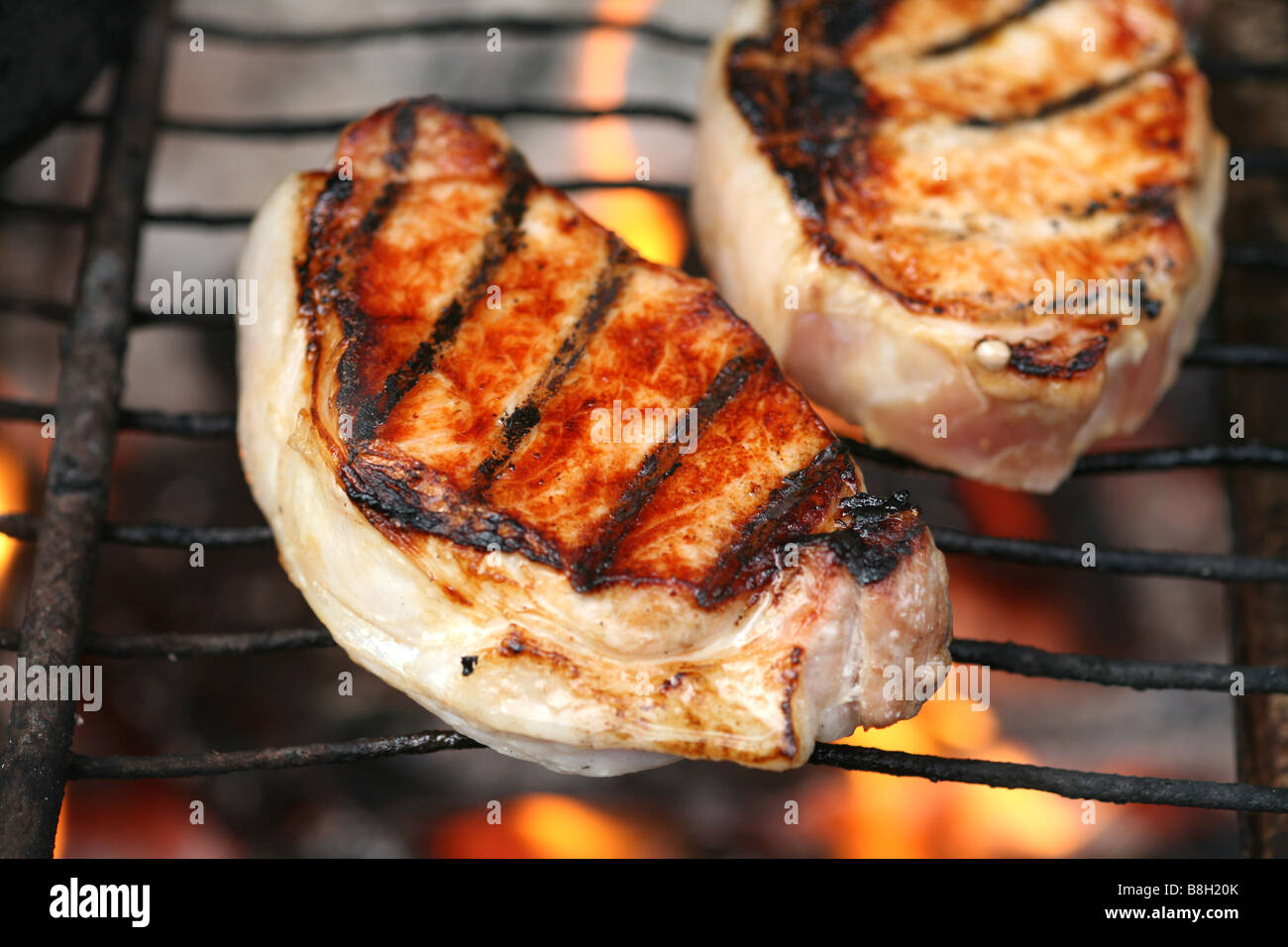 Bangalow Pork chops grilling over an open fire Stock Photo