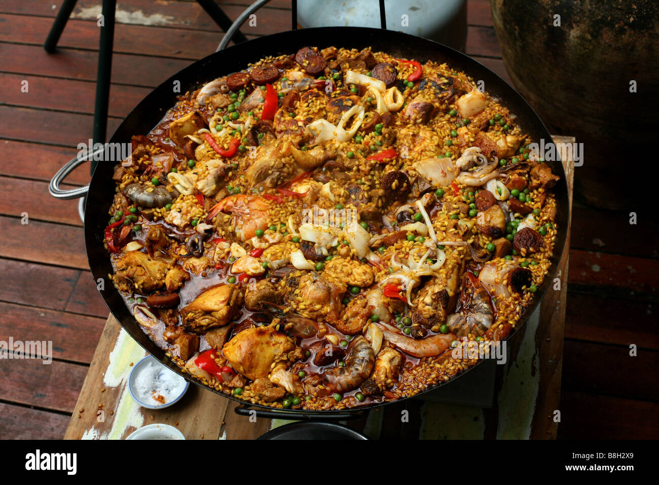 Aborio rice just after being added to a Paella Stock Photo