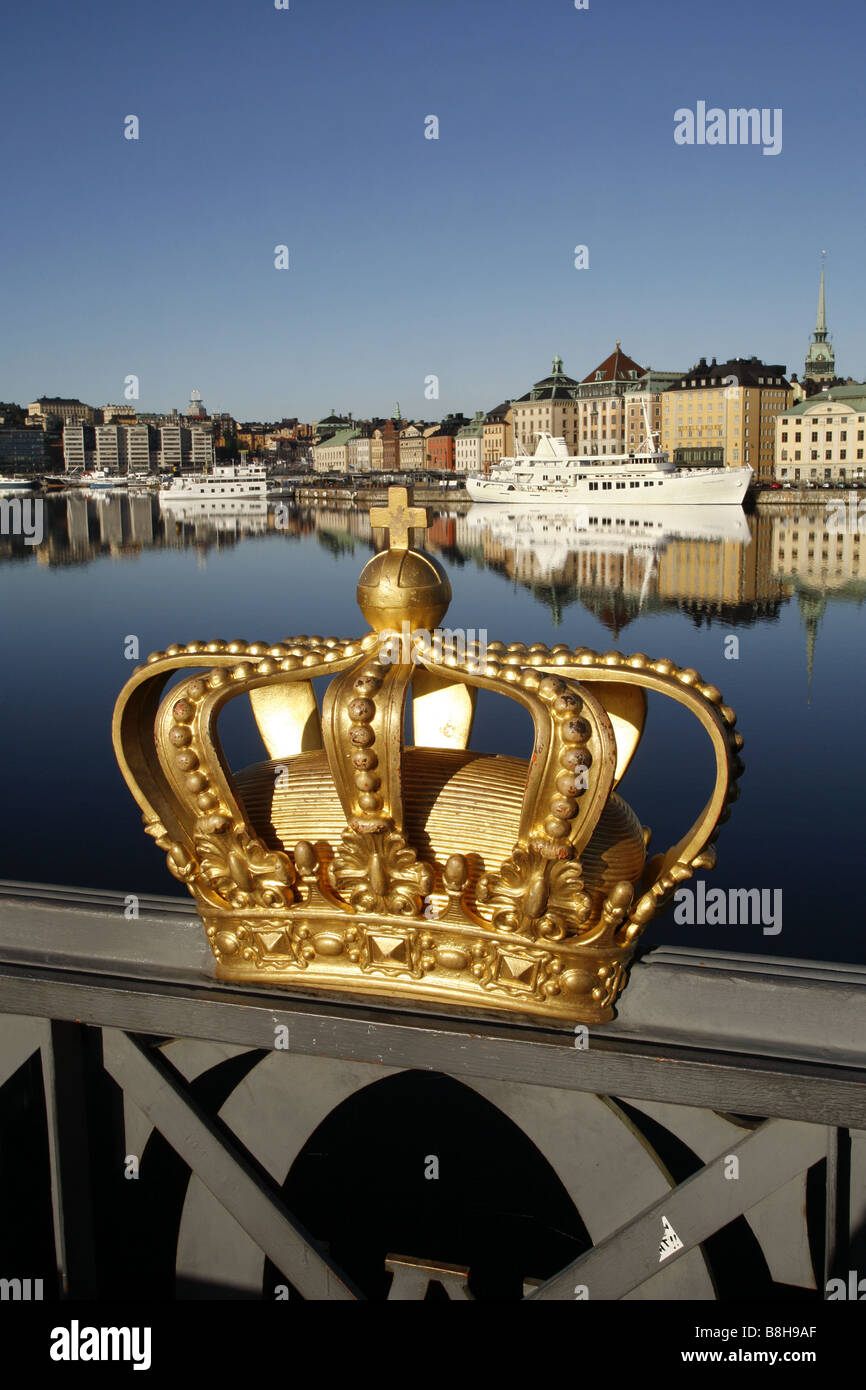 Gilded crown, Skeppsholmsbron, Stockholm, Sweden Stock Photo