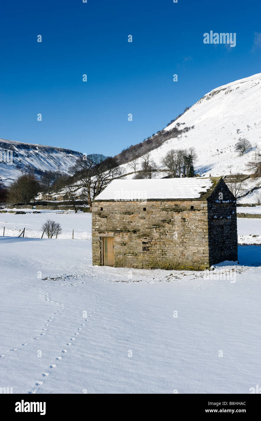 Snow covered Dales barn Looking up Swinnergill and Kisdon Hill near Muker Swaledale Stock Photo