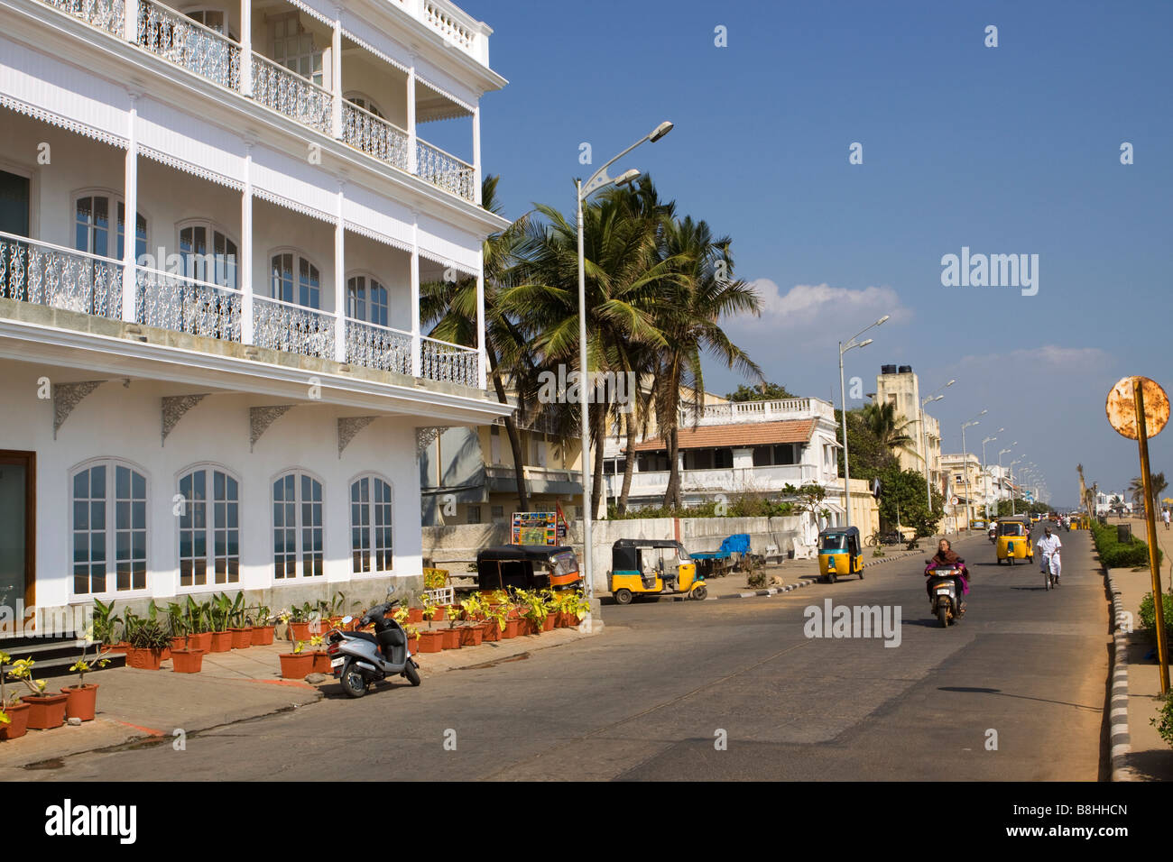 India Pondicherry Goubert Avenue Beach Road newly restored French Colonial seafront hotel Stock Photo