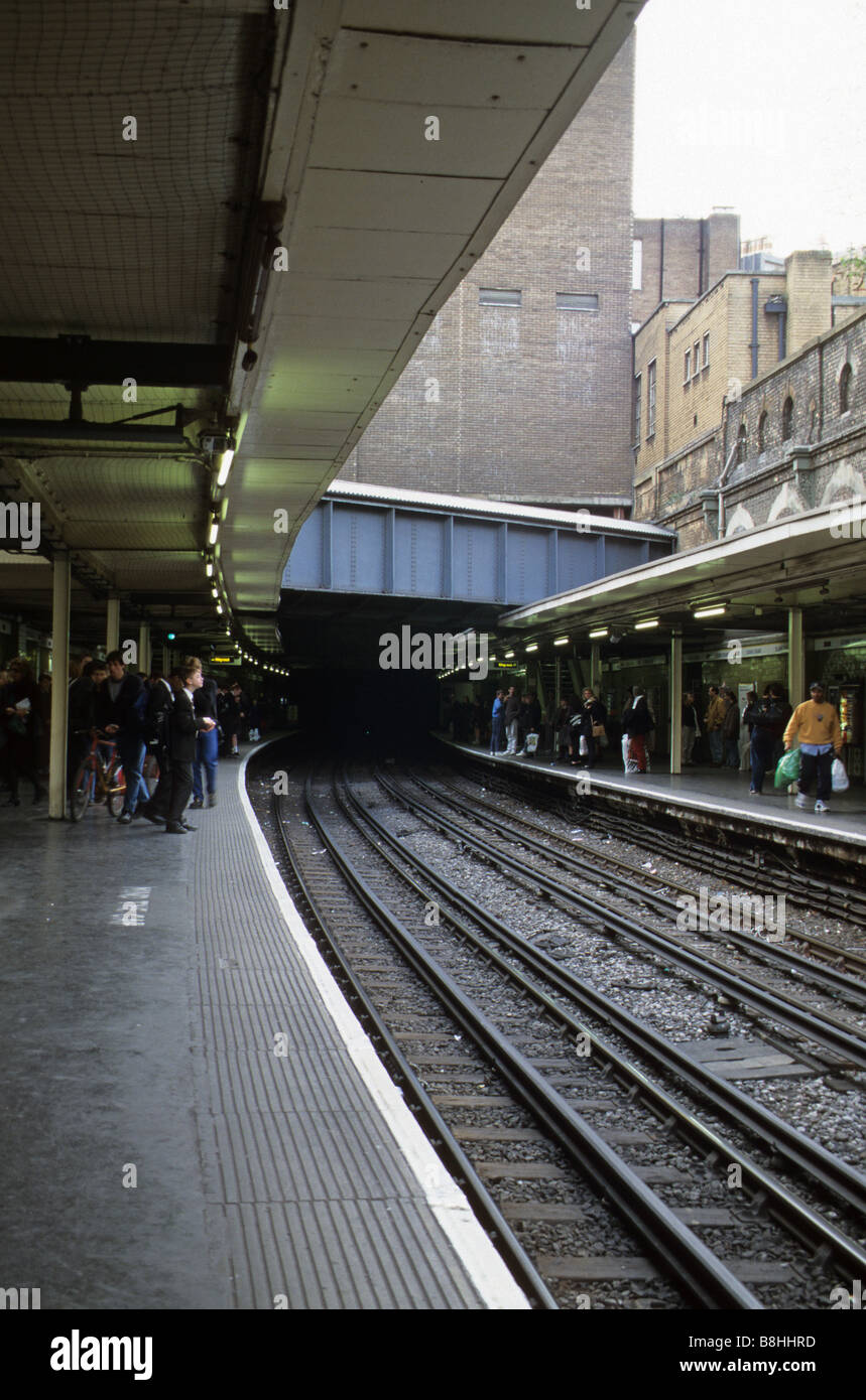 Sloane Square Underground station, with blue-painted pipe carrying the Westbourne River above the tracks. Stock Photo