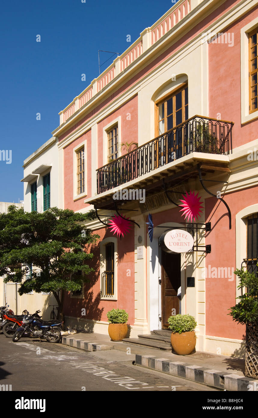 India Pondicherry Romain Rolland Street Hotel de l Orient newly restored French colonial building Stock Photo