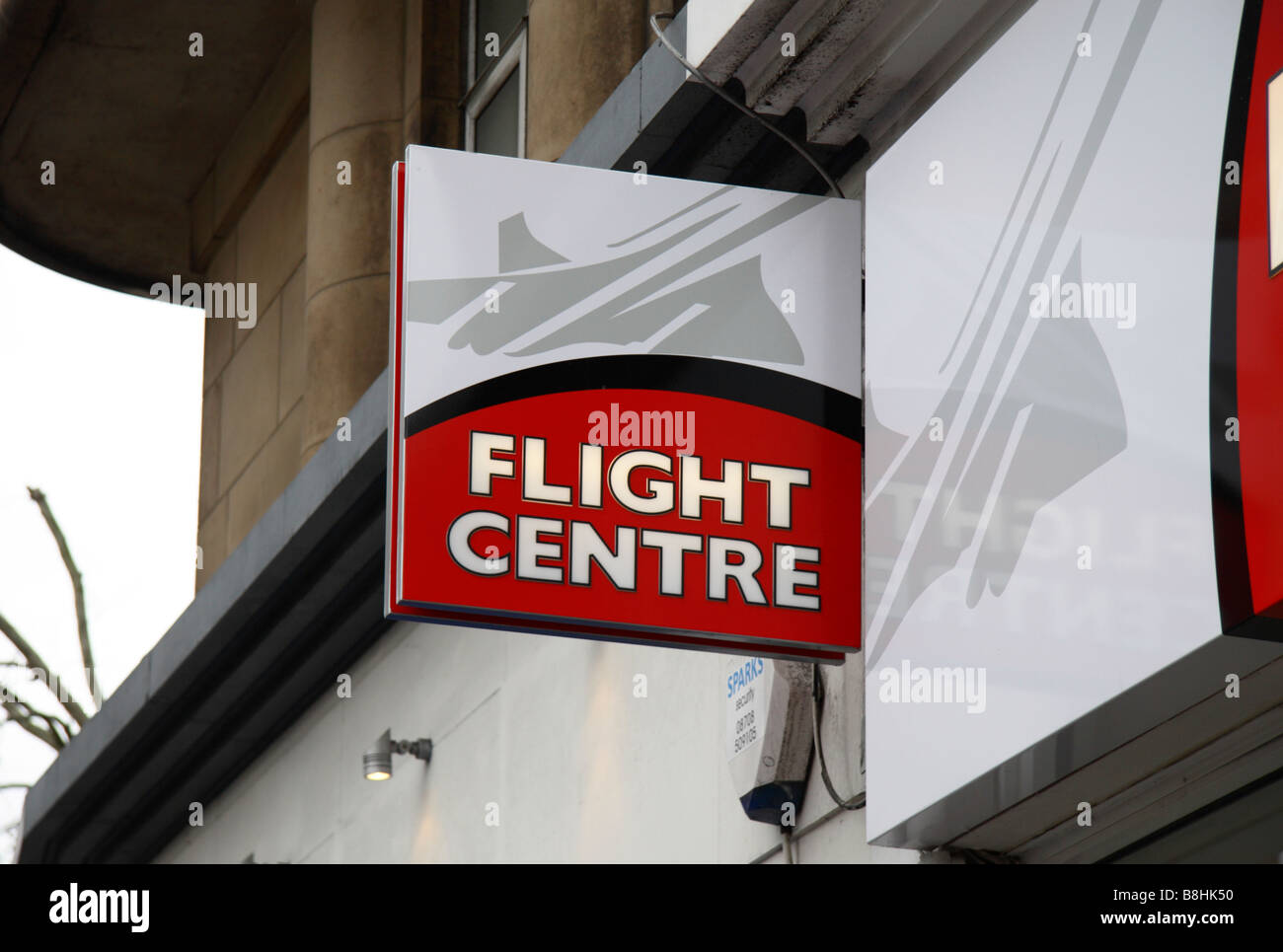 A sign above the Flight Centre travel agent on Old Brompton Road, London. Feb 2009 Stock Photo