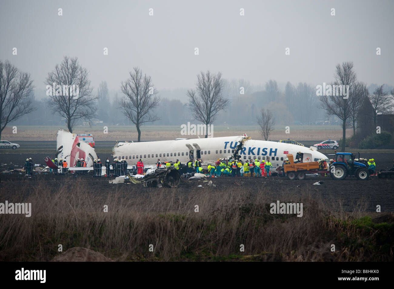 Schiphol airport plane crash Plane from Turkish Airlines on Wednesday 02 25 2009 crashed before landing into three pieces Stock Photo