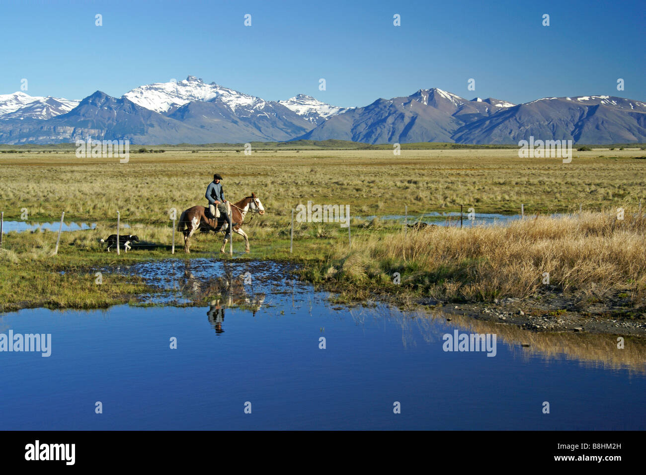 Gaucho riding the fence, Patagonia, Argentina Stock Photo