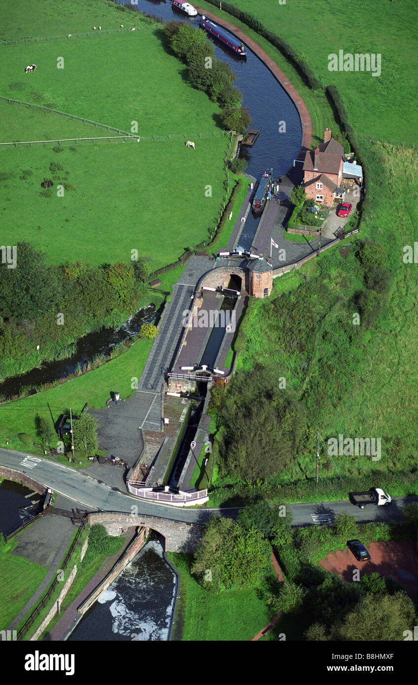 Aerial view of Bratch Locks on the Staffordshire and Worcester Canal at Wombourne South Staffordshire Stock Photo