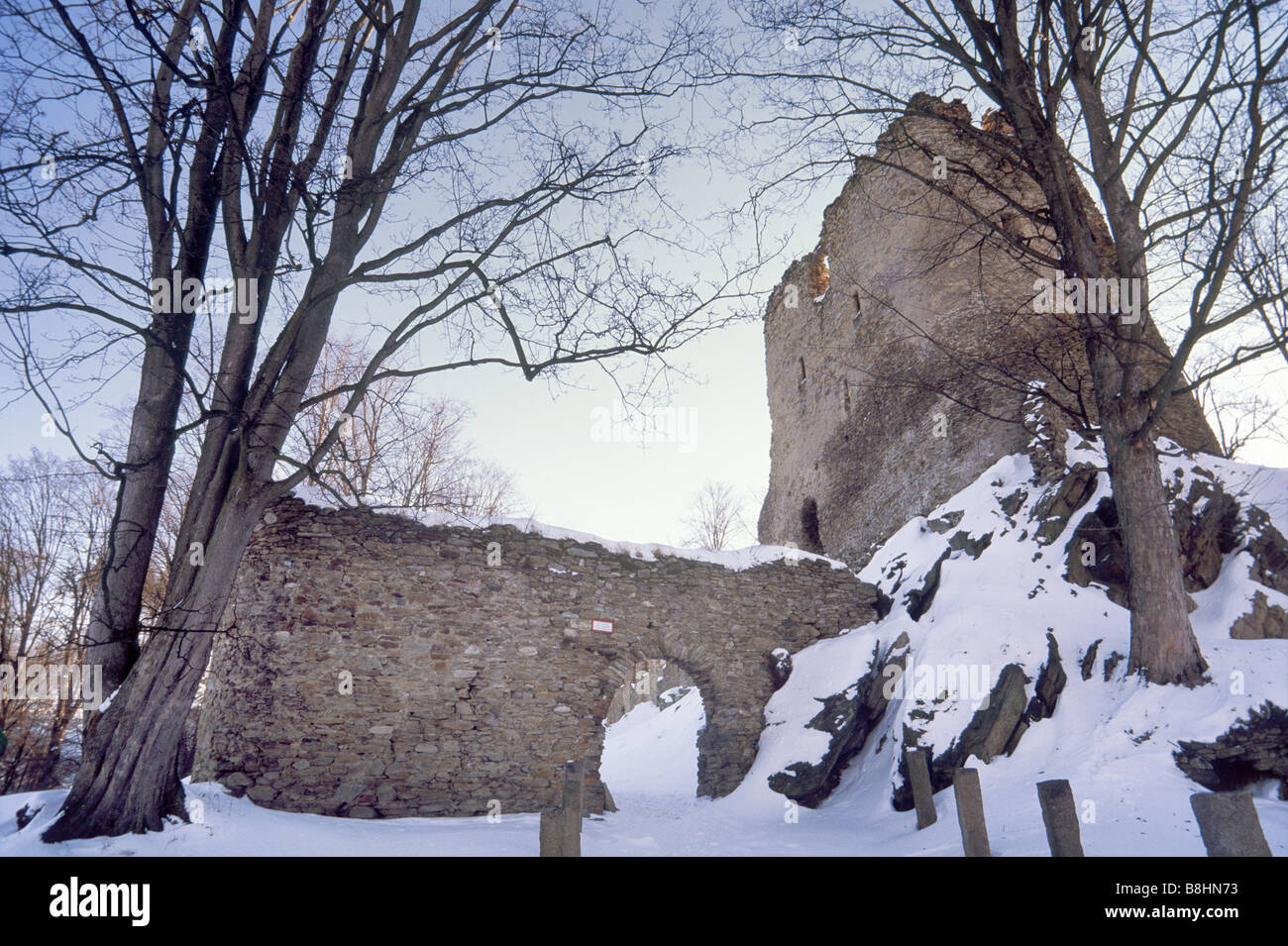 Medieval castle ruins near village of Swiecie in winter Lower Silesia region Poland Stock Photo