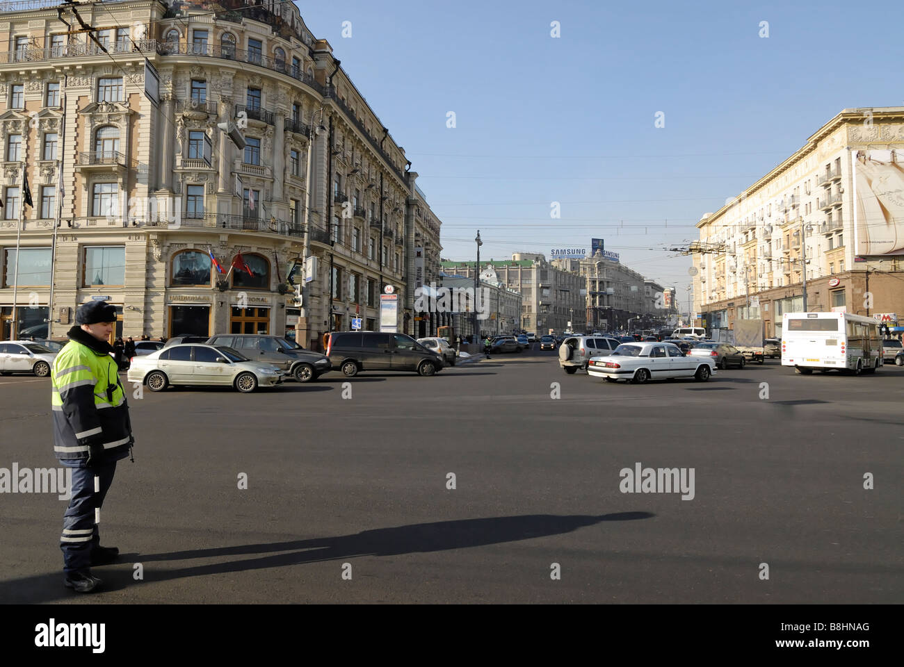 Tverskaya street and Russian road policeman Stock Photo