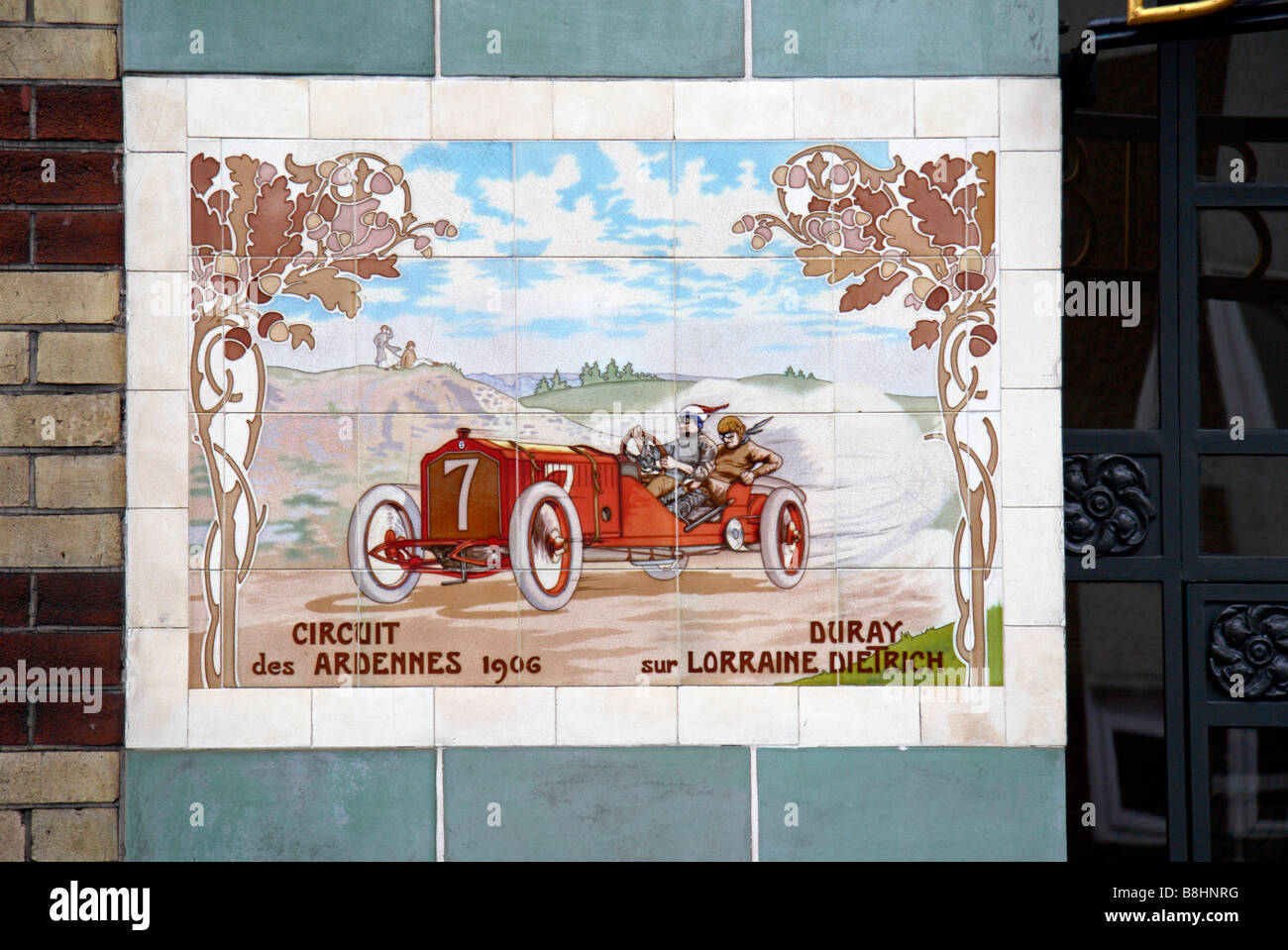 A car mosaic beside an entrance to Bibendum, on the Fulham Road, London. Feb 2009 Stock Photo