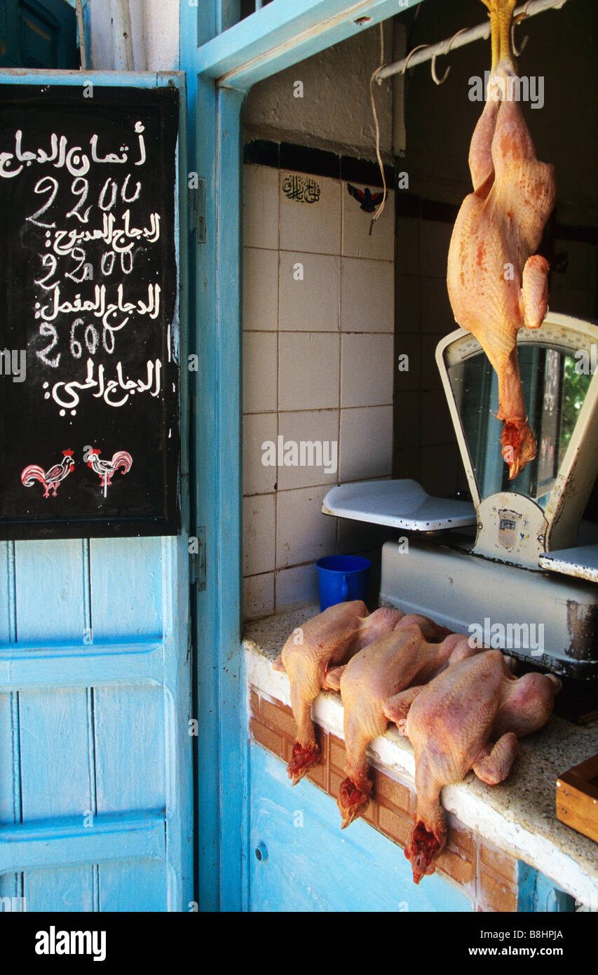 Butcher and chicken in Chefchaouen Xauen Chauem Rif Morocco Stock Photo