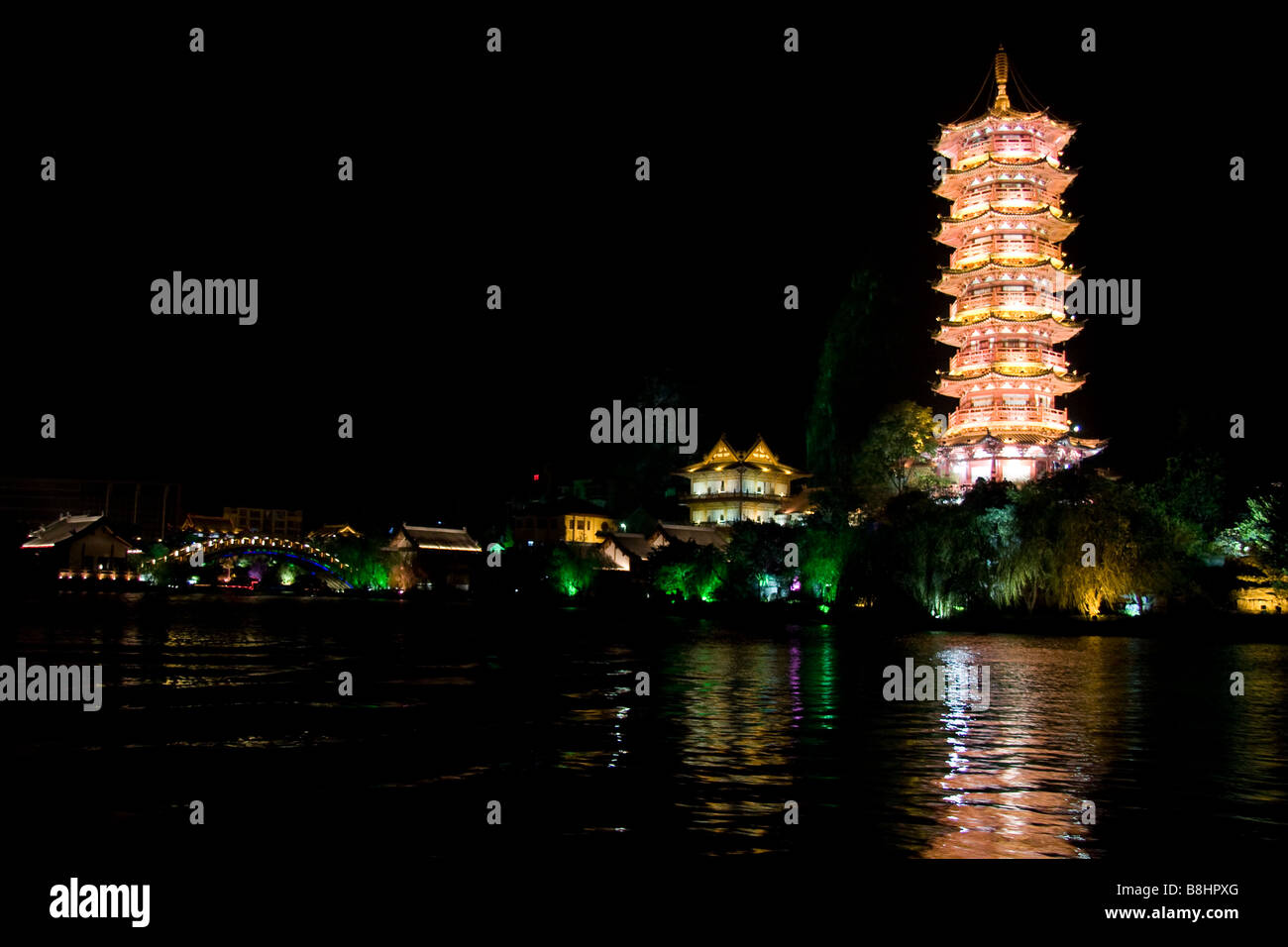 Wooden dragon pavilion at Banyo lake in Guilin, China Stock Photo