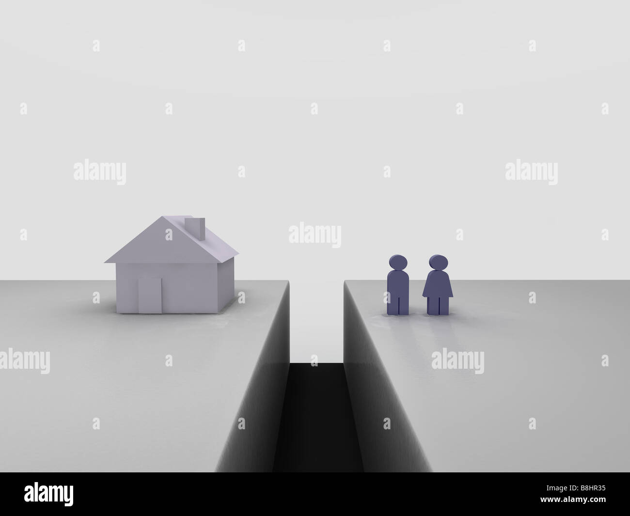 Real estate gap Conceptual image of a couple beeing seperated from their house by a trench Stock