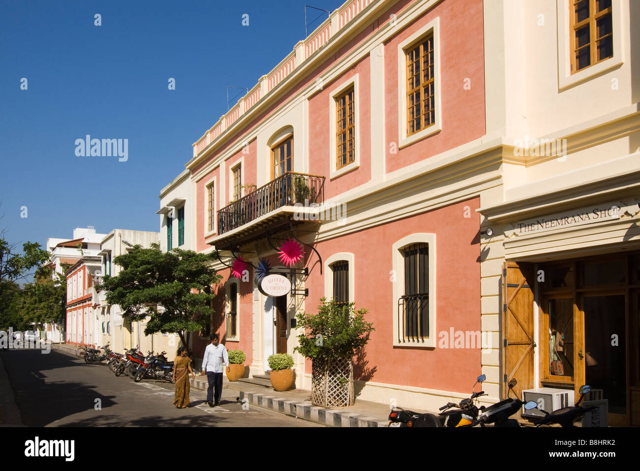India Pondicherry Romain Rolland Street Hotel de l Orient newly restored French colonial building Stock Photo