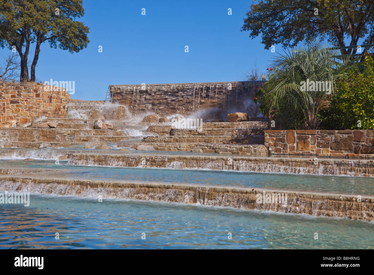 Fountains and the Tower of the Americas in downtown San Antonio Texas, USA Stock Photo
