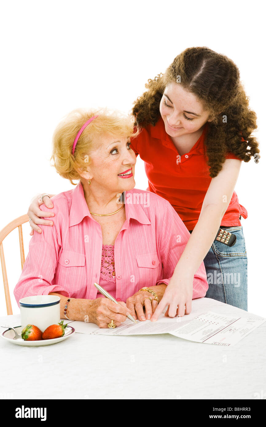 Teen girl helping senior woman fill out absentee ballot Isolated on ...