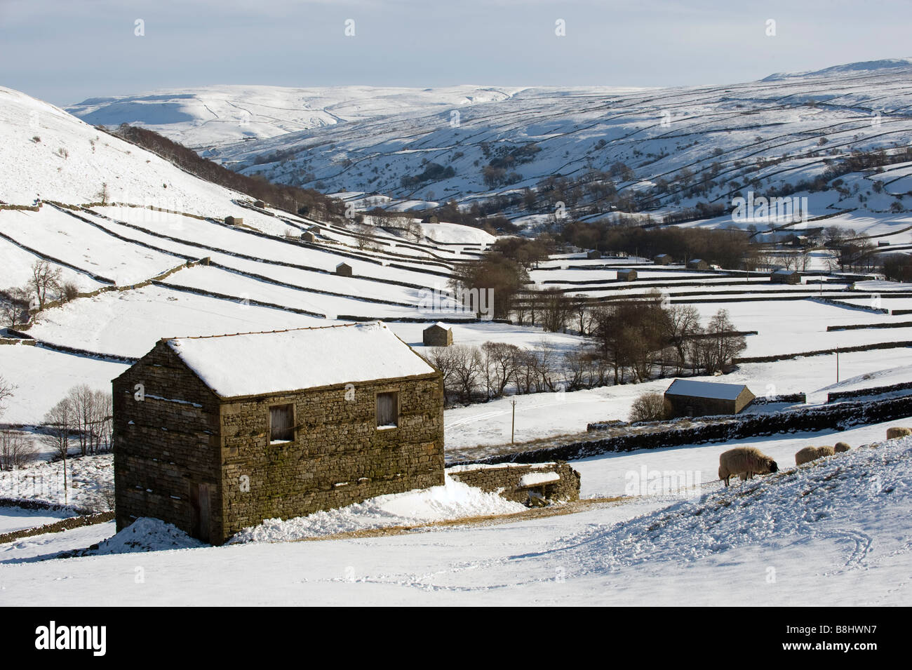Looking down Swaledale from above Thwaite Fields and walls covered in heavy snowfall Stock Photo