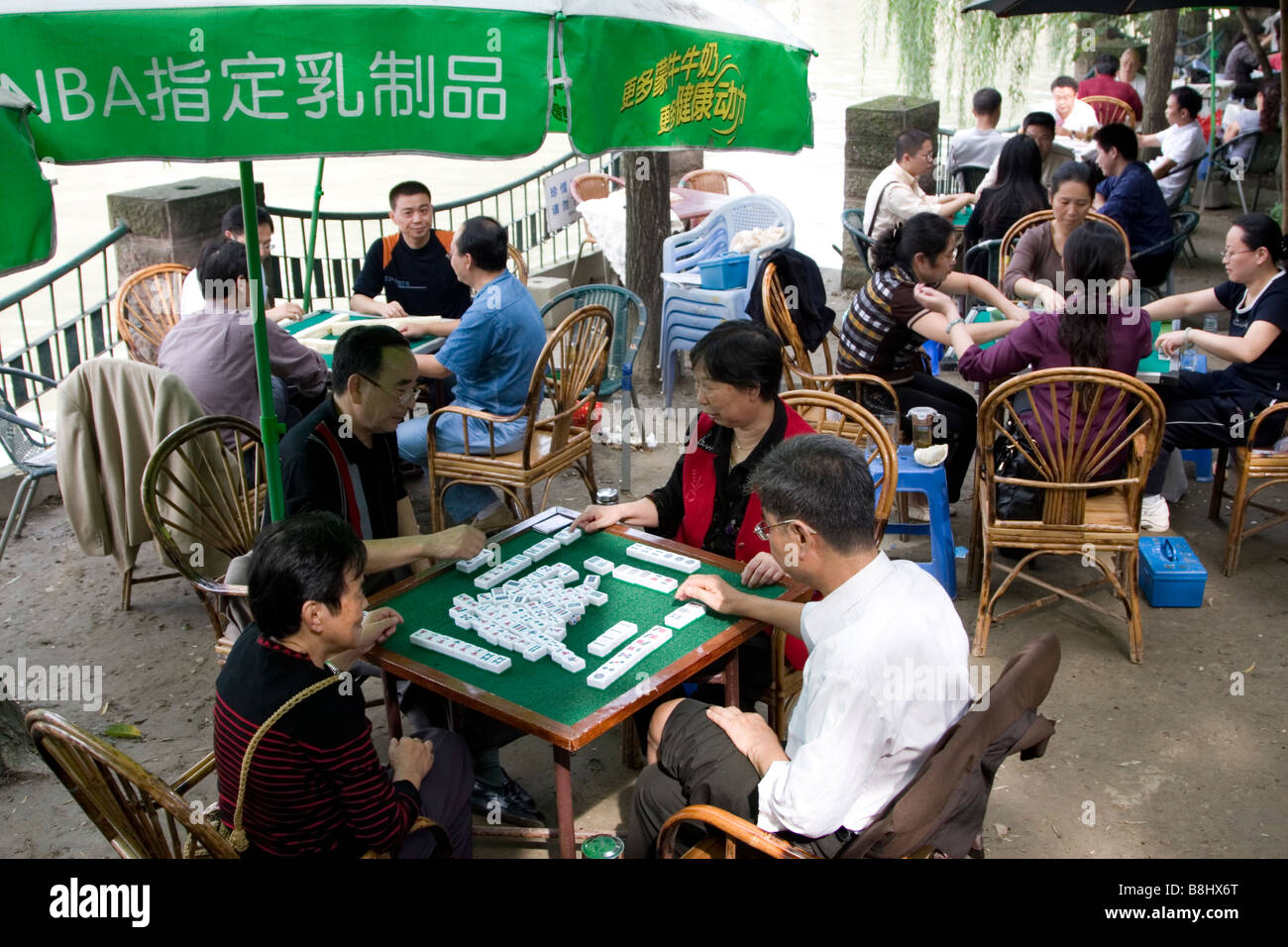 People playing mahjong and drinking tea at a teahouse Baihuatan Park  Chengdu Sichuan China Stock Photo - Alamy