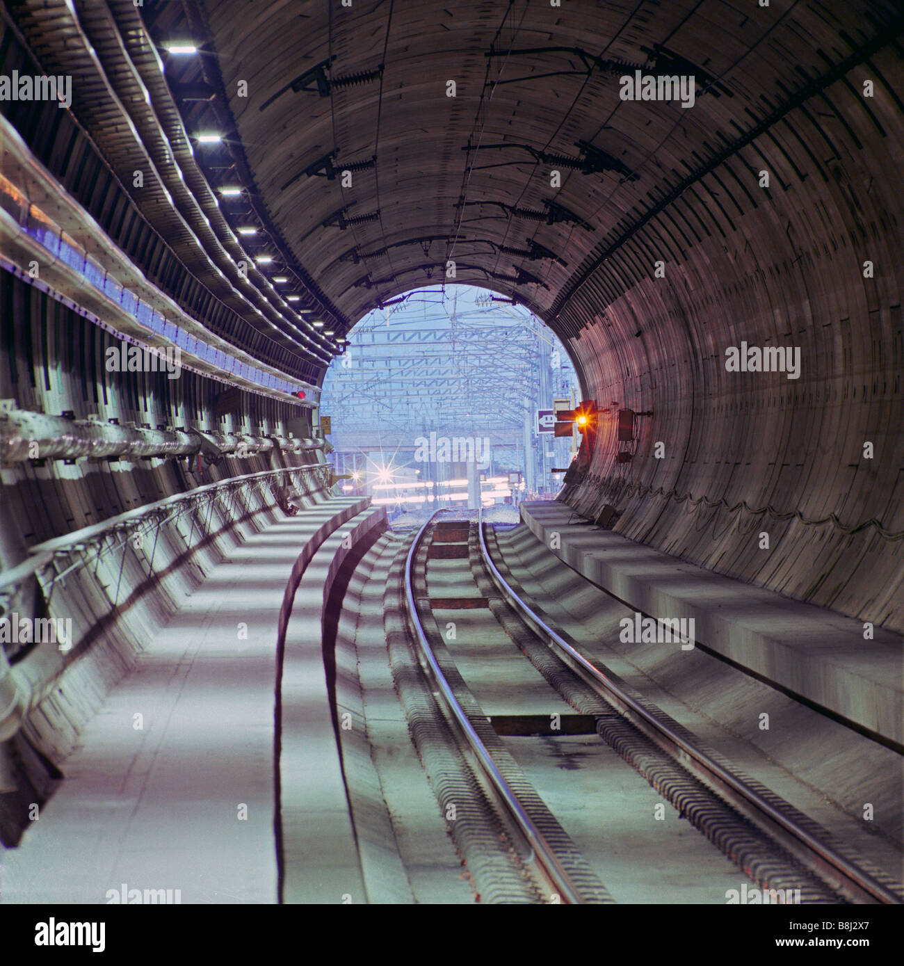 Driver's eye view of the French portal at Sangatte as the train leaves the Channel Tunnel after its journey from the UK. Stock Photo