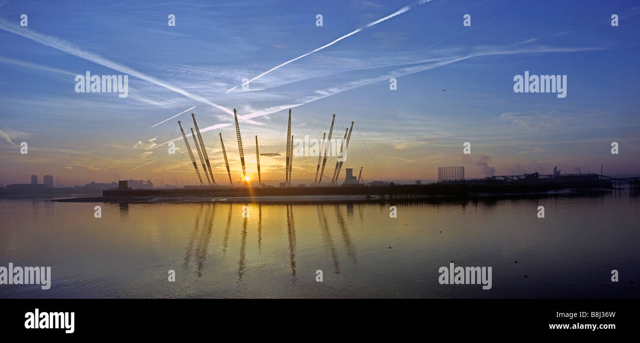 Like a giant spider's web, the cable net structure is raised during construction of the Millennium Dome/O2 Arena in London, UK. Stock Photo