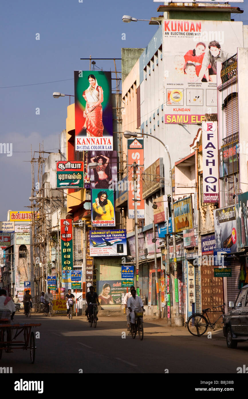 India Tamil Nadu Kumbakonam TSR Big Street colourful signs above town centre shops Stock Photo
