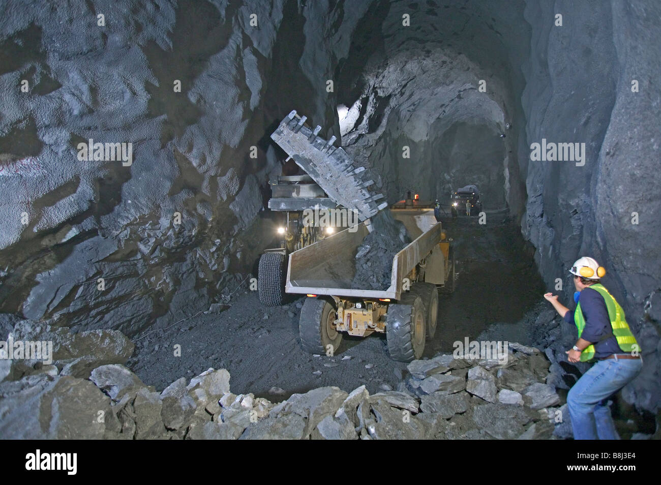 Excavation of connecting tunnel for hydropower plant in Ecuador which will produce industrial and domestic electricity. Stock Photo