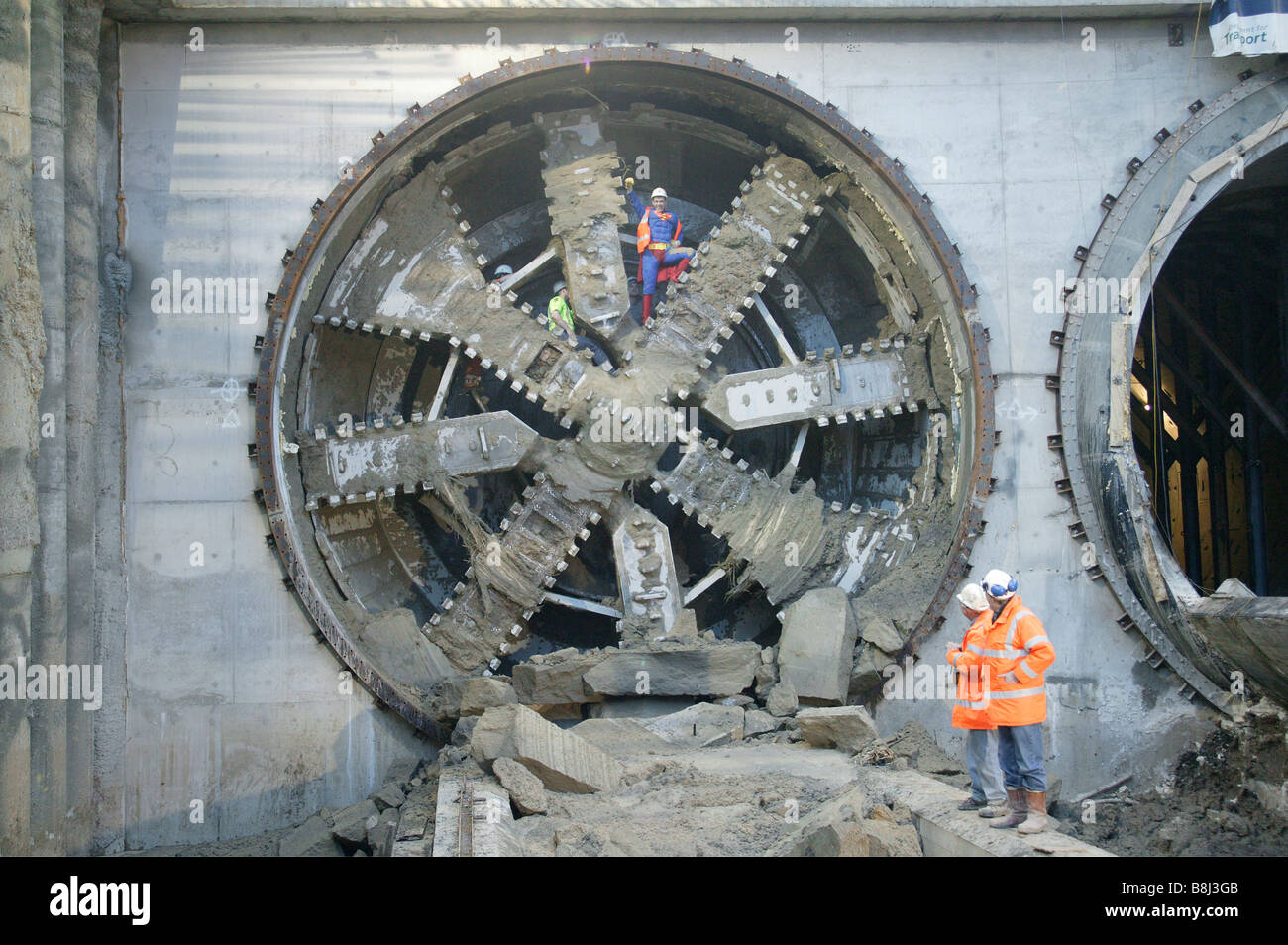 Tunneller dressed as Superman celebrates Boring Machine 'Bertha' breakthrough at King's Cross on Channel Tunnel Rail Link. Stock Photo
