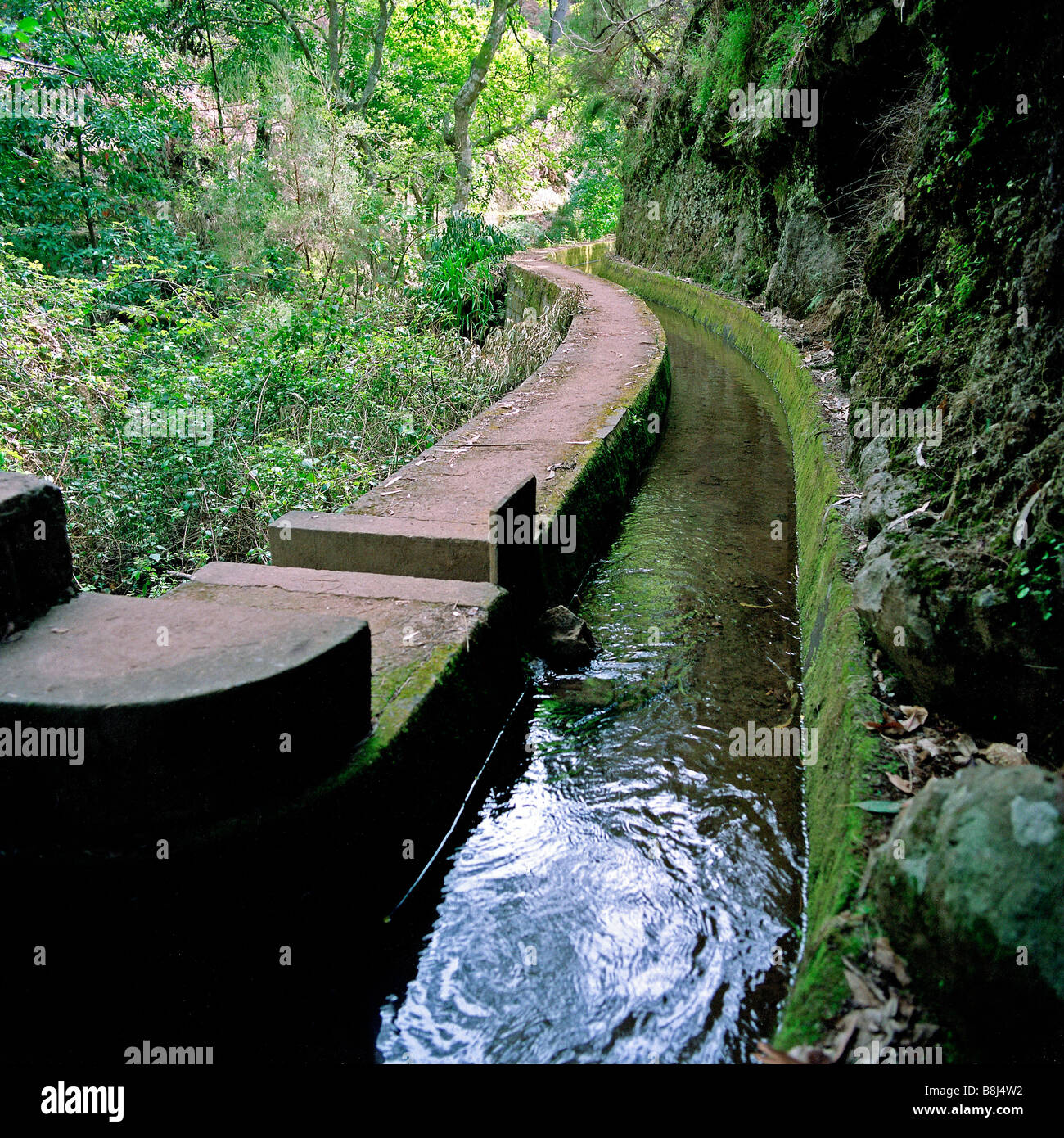 Levada in Madeira, 2170 kms of artifical irrigation water channels built with great difficulty in this mountaineous country. Stock Photo